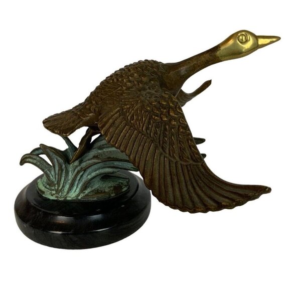 Enesco Flying Wild Canadian Goose Figurine Marble Base Solid Brass Patina 1980s - Picture 4 of 7